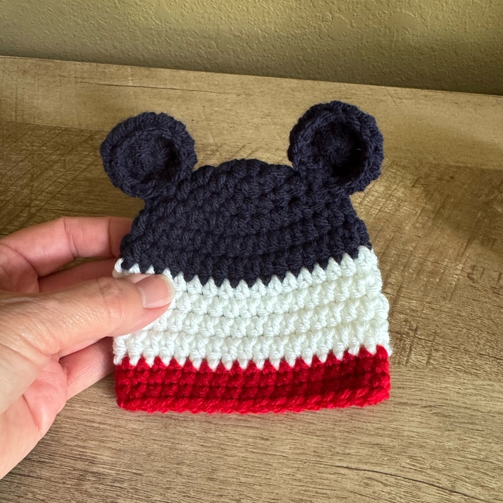 Handmade Fourth of July Navy, White, and Red Crochet Small Preemie Baby Bear Hat